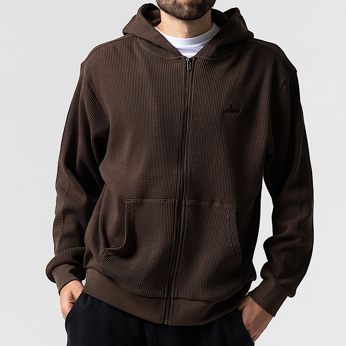Castanza Waffle Knit Zip Up Hoodie (Brown) - Image 2
