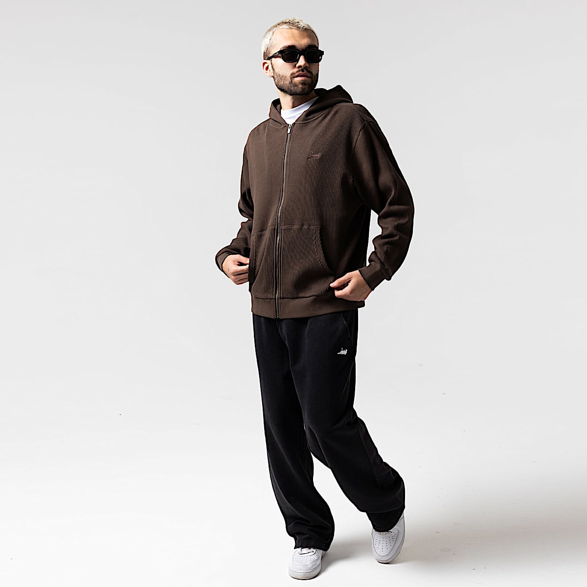 Castanza Waffle Knit Zip Up Hoodie (Brown) - Image 5