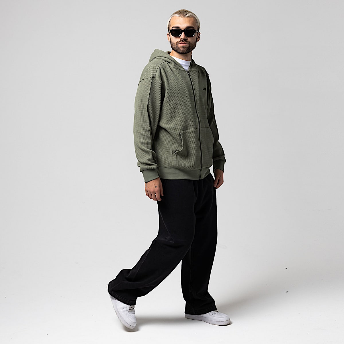 Castanza Waffle Knit Zip Up Hoodie (Olive) - Image 6